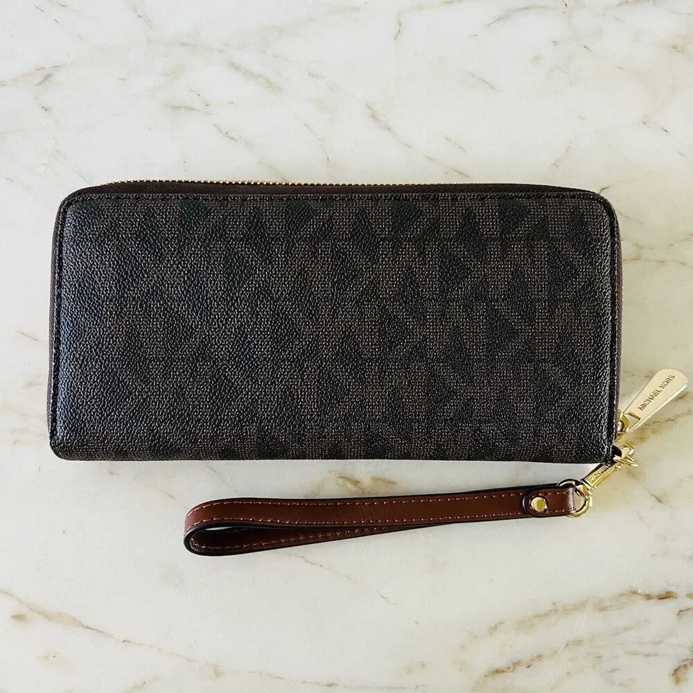 MICHAEL KORS Jet Set Travel Brown Leather Large Continental Zip Wallet Wristlet